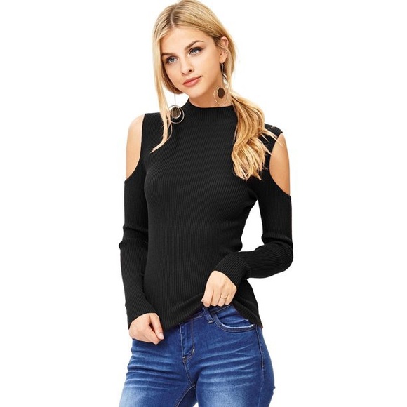 Ambiance Sweaters - Black Cold-Shoulder Knit Sweater